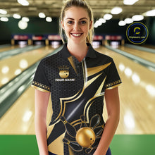 Load image into Gallery viewer, Woman wearing a black and gold bowling ball bowling polo shirt front view, custom bowling league jersey for women.