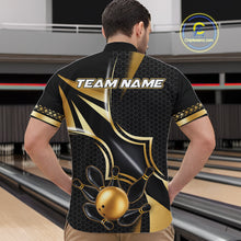 Load image into Gallery viewer, Back view of man wearing a black and gold bowling ball quarter zip bowling shirt, bowling league team uniform.