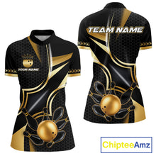 Load image into Gallery viewer, Black and gold bowling ball quarter zip bowling shirt for women, custom bowling team jersey and tournament apparel.