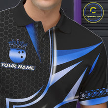 Load image into Gallery viewer, Close up of collar, chest and button details on a black and blue bowling ball men's bowling polo shirt.
