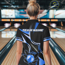 Load image into Gallery viewer, Back view of woman wearing a black and blue bowling ball bowling polo shirt, custom bowling team jersey design.