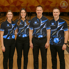Load image into Gallery viewer, Bowling team wearing matching black and blue bowling ball custom bowling jerseys front view.