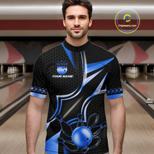 Load image into Gallery viewer, Man wearing a black and blue bowling ball quarter zip bowling shirt front view, personalized bowling team apparel.