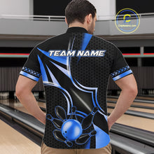 Load image into Gallery viewer, Back view of man wearing a black and blue bowling ball quarter zip bowling shirt, bowling league team uniform.