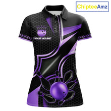 Load image into Gallery viewer, Black and purple custom bowling polo shirt for women, personalized bowling team jersey for league tournaments.