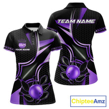 Load image into Gallery viewer, Black and purple bowling team polo shirt for women with custom league and tournament graphics.