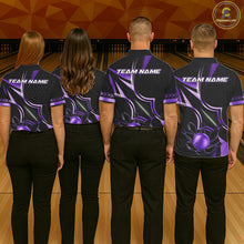Load image into Gallery viewer, Back view of bowling team wearing matching black and purple bowling league jerseys.