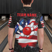 Load image into Gallery viewer, Back view of man wearing a black grunge American flag bowling polo shirt, custom bowling team jersey design.