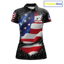 Load image into Gallery viewer, Black grunge American flag custom bowling polo shirt for women, patriotic bowling team jersey for league tournaments.