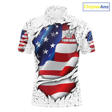 Load image into Gallery viewer, White grunge American flag custom darts polo shirt for men, patriotic darts team jersey for league tournaments.