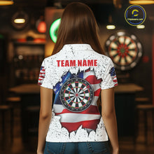 Load image into Gallery viewer, Back view of woman wearing a white grunge American flag darts team jersey, custom darts tournament apparel.