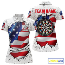 Load image into Gallery viewer, White grunge American flag custom darts polo shirt for women, patriotic darts team jersey for league tournaments.