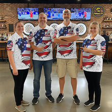 Load image into Gallery viewer, Darts team wearing matching white grunge American flag custom darts jerseys front view.