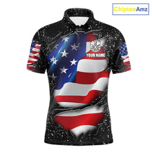 Load image into Gallery viewer, Black grunge American flag custom darts polo shirt for men, patriotic darts team jersey for league tournaments.