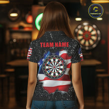 Load image into Gallery viewer, Back view of woman wearing a black grunge American flag darts team jersey, custom darts tournament apparel.