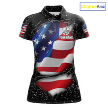 Load image into Gallery viewer, Black grunge American flag custom darts polo shirt for women, patriotic darts team jersey for league tournaments.