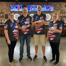 Load image into Gallery viewer, Darts team wearing matching black grunge American flag custom darts jerseys front view.