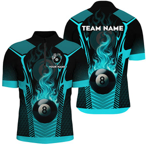 Turquoise 8 Ball Pool Fire Flame Custom 3D Billiard Shirts For Men, Billiard Sport Team Jerseys TDM2847