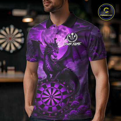 Black And Purple Dartboard Roses And Dragon Darts Polo & 1/4 Zip Custom Men's Darts Team Jersey TDM5803