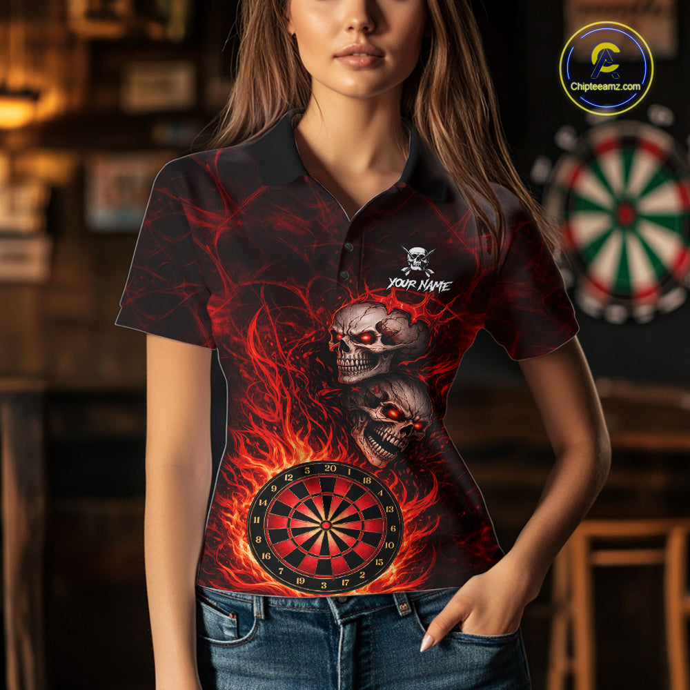 Personalized Red Flaming Skull Darts Polo & 1/4 Zip For Women Custom Fire Darts Team Jersey TDM5806