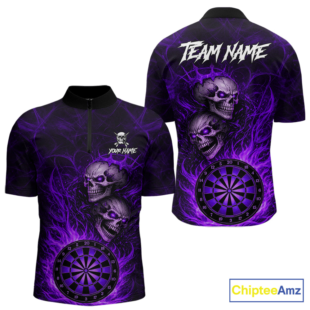 Personalized Purple Flaming Skull Darts Polo & 1/4 Zip For Men Custom Fire Darts Team Jersey TDM5807