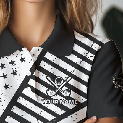 Black and White American Flag Women Golf polo shirts custom patriotic golf apparel team golf jerseys NQS9605
