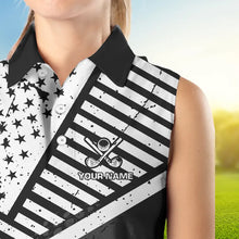 Load image into Gallery viewer, Black and White American Flag Women Sleeveless polo shirt custom patriotic golf apparel team jerseys NQS9605