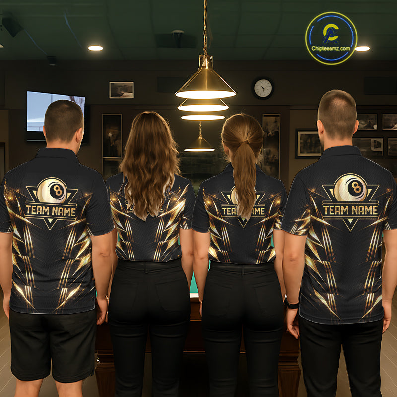 Black And Gold Lightning 8 Ball Pool Billiard Shirts For Women Custom Billiard Team League Jerseys NYN2920