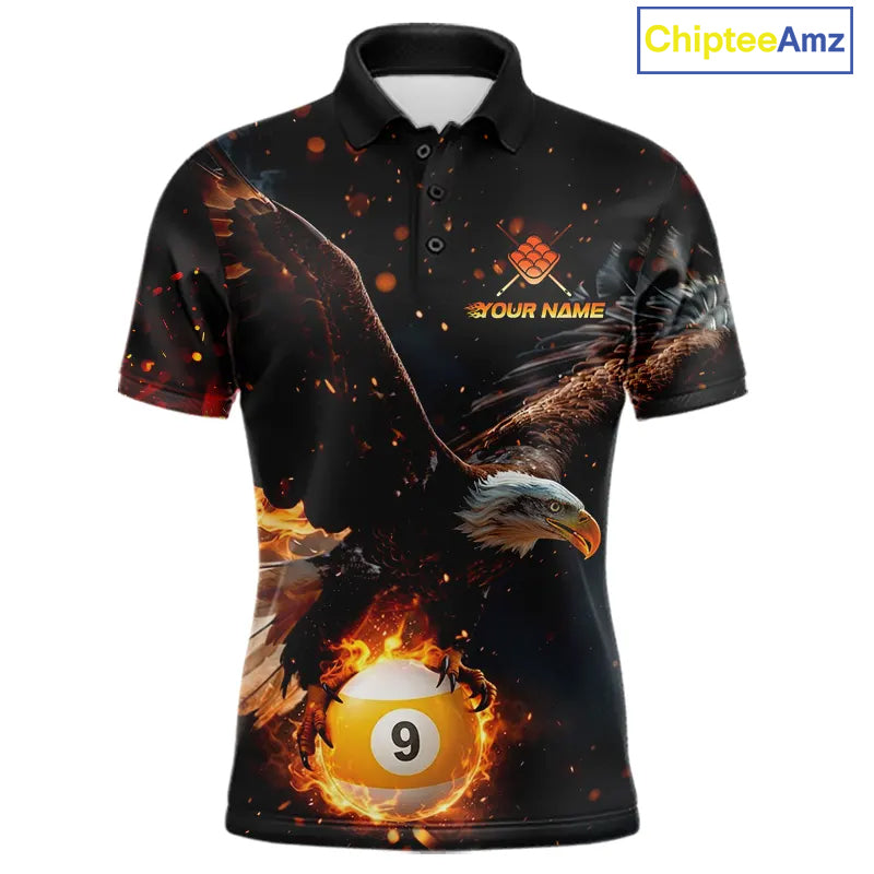 Personalized Fire 9 Ball Eagle Billiard Shirt For Men Custom Pool Team Jersey Polo & 1/4 Zip TDM6408