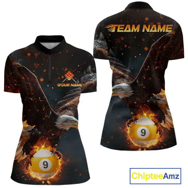 Personalized Fire 9 Ball Eagle Billiard Shirt For Women Custom Pool Team Jersey Polo & 1/4 Zip TDM6408