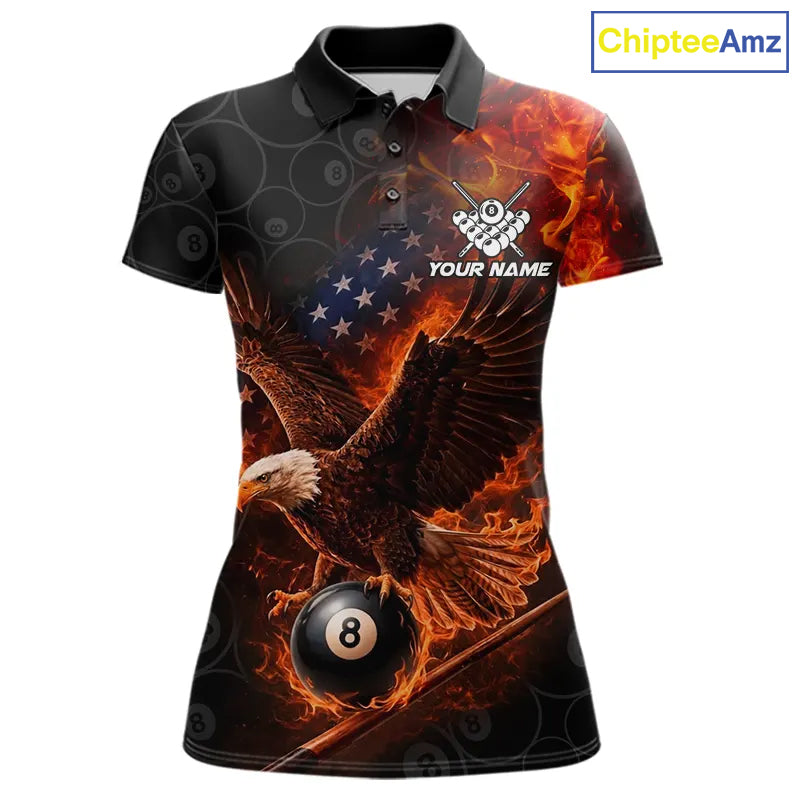 Flaming US Flag Eagle 8 Ball Billiard Shirt For Women Custom Patriotic Pool Jersey Polo & 1/4 Zip TDM6411