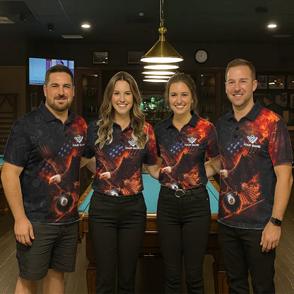 Flaming US Flag Eagle 8 Ball Billiard Shirt For Men Custom Patriotic Pool Jersey Polo & 1/4 Zip TDM6411