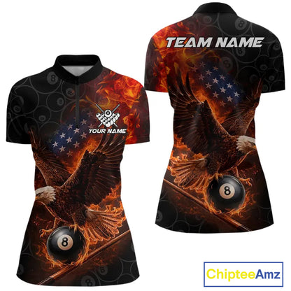 Flaming US Flag Eagle 8 Ball Billiard Shirt For Women Custom Patriotic Pool Jersey Polo & 1/4 Zip TDM6411
