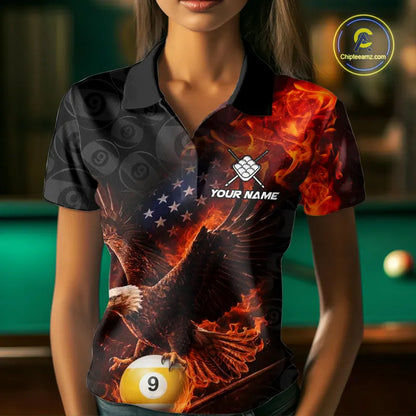 Flaming US Flag Eagle 9 Ball Billiard Shirt For Women Custom Patriotic Pool Jersey Polo & 1/4 Zip TDM6412