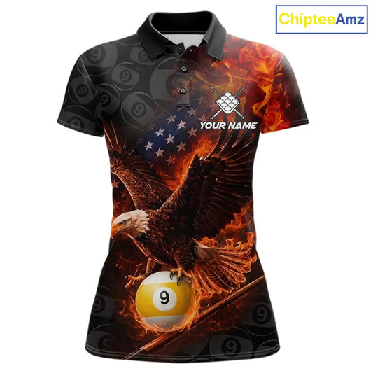 Flaming US Flag Eagle 9 Ball Billiard Shirt For Women Custom Patriotic Pool Jersey Polo & 1/4 Zip TDM6412