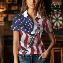Load image into Gallery viewer, Woman wearing a personalized American flag steel tip dart darts jersey front view, patriotic darts team shirt.