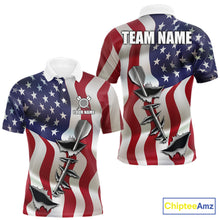 Load image into Gallery viewer, American flag steel tip dart darts team polo shirt for men with patriotic USA graphics.