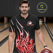 Load image into Gallery viewer, Man wearing a black and red bowling ball crown bowling polo shirt front view, custom bowling league jersey for men.