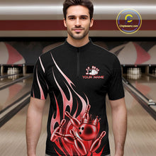 Load image into Gallery viewer, Back view of man wearing a black and red bowling ball crown quarter zip bowling shirt, bowling league team uniform.