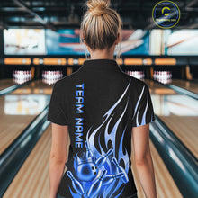 Load image into Gallery viewer, Back view of woman wearing a black and blue bowling ball crown bowling polo shirt.