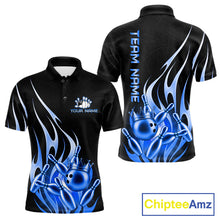 Load image into Gallery viewer, Black and blue bowling ball crown bowling team polo shirt for men with flame bowling graphics.