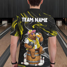 Load image into Gallery viewer, Back view of man wearing a funny beer bear bowling polo shirt, custom bowling team jersey design.