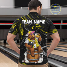 Load image into Gallery viewer, Back view of man wearing a funny beer bear quarter zip bowling shirt, bowling league team uniform.