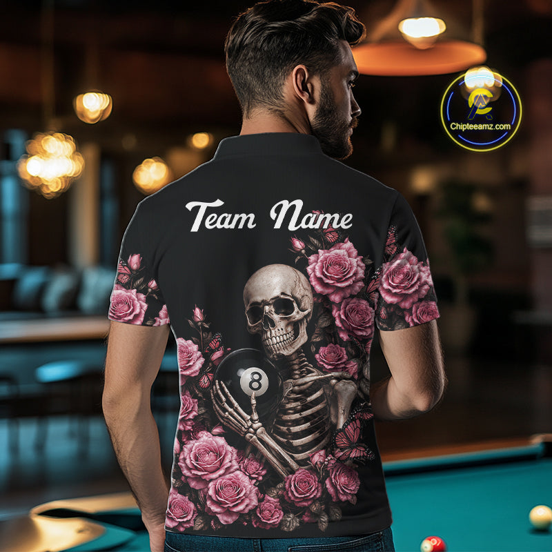 Man Wearing Custom Pink 8 Ball Pool Roses Skeleton Gothic Pool Team Jersey Featuring the Complete Rear Graphic Design, Back View