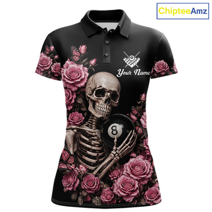 Custom Pink 8 Ball Pool Roses and Skeleton Gothic Billiard Polo Shirt Featuring Stylish Floral Gothic Artwork for Pool League Players and Unique Gift Ideas