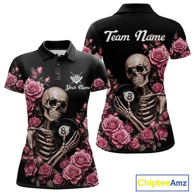 Pink 8 Ball Pool Roses Skeleton Gothic Polo Shirt Designed for Personalized Billiard Team Jerseys with Premium Athletic Performance and Elegant Gothic Graphics