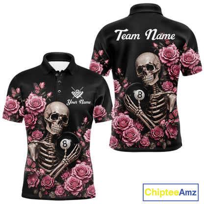 Pink 8 Ball Pool Roses Skeleton Gothic Polo Shirt Designed for Personalized Billiard Team Jerseys with Premium Athletic Performance and Elegant Gothic Graphics
