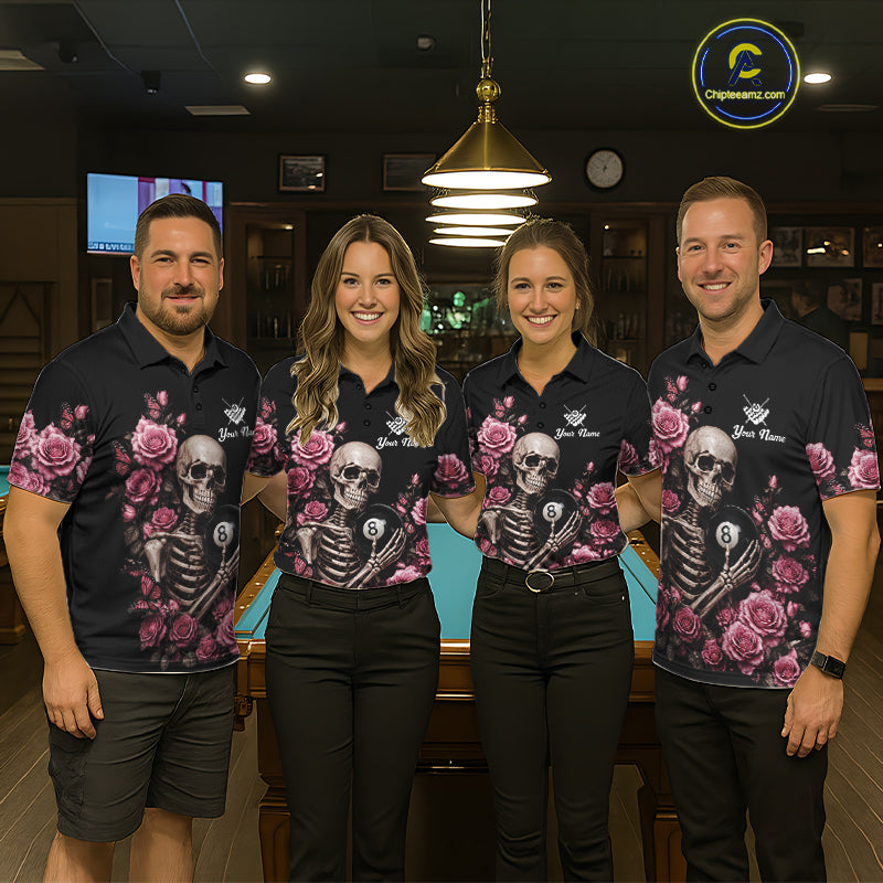 Pool Team Wearing Custom Pink 8 Ball Pool Roses Skeleton Gothic Billiard Jerseys During League Competition and Tournament Matches, Front View