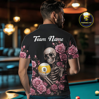 Man Wearing Custom Pink 8 Ball 9 Ball Roses Skeleton Gothic Pool Team Jersey Featuring the Complete Rear Graphic Design, Back View
