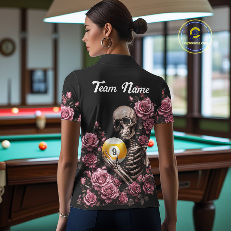 Woman Wearing Custom Pink 8 Ball 9 Ball Roses Skeleton Gothic Pool Team Jersey Featuring the Complete Rear Graphic Design, Back View